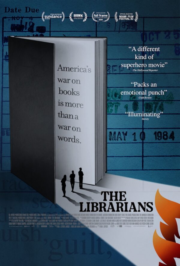 Film poster for the Librarians, showing people walking out of a book